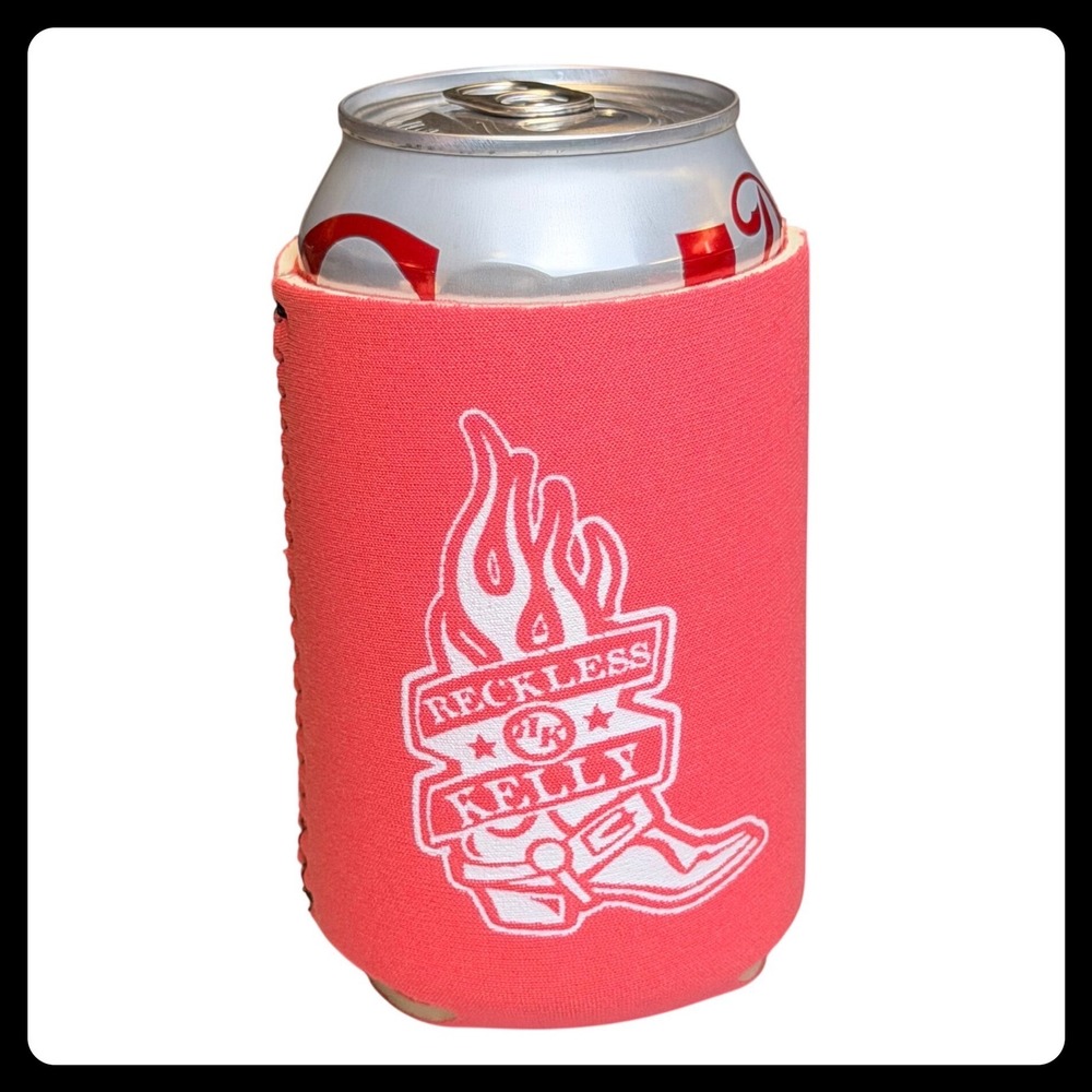 Reckless Kelly Can Cooler Koozie Pink Neoprene Merch Logo Flaming Cowboy Boot